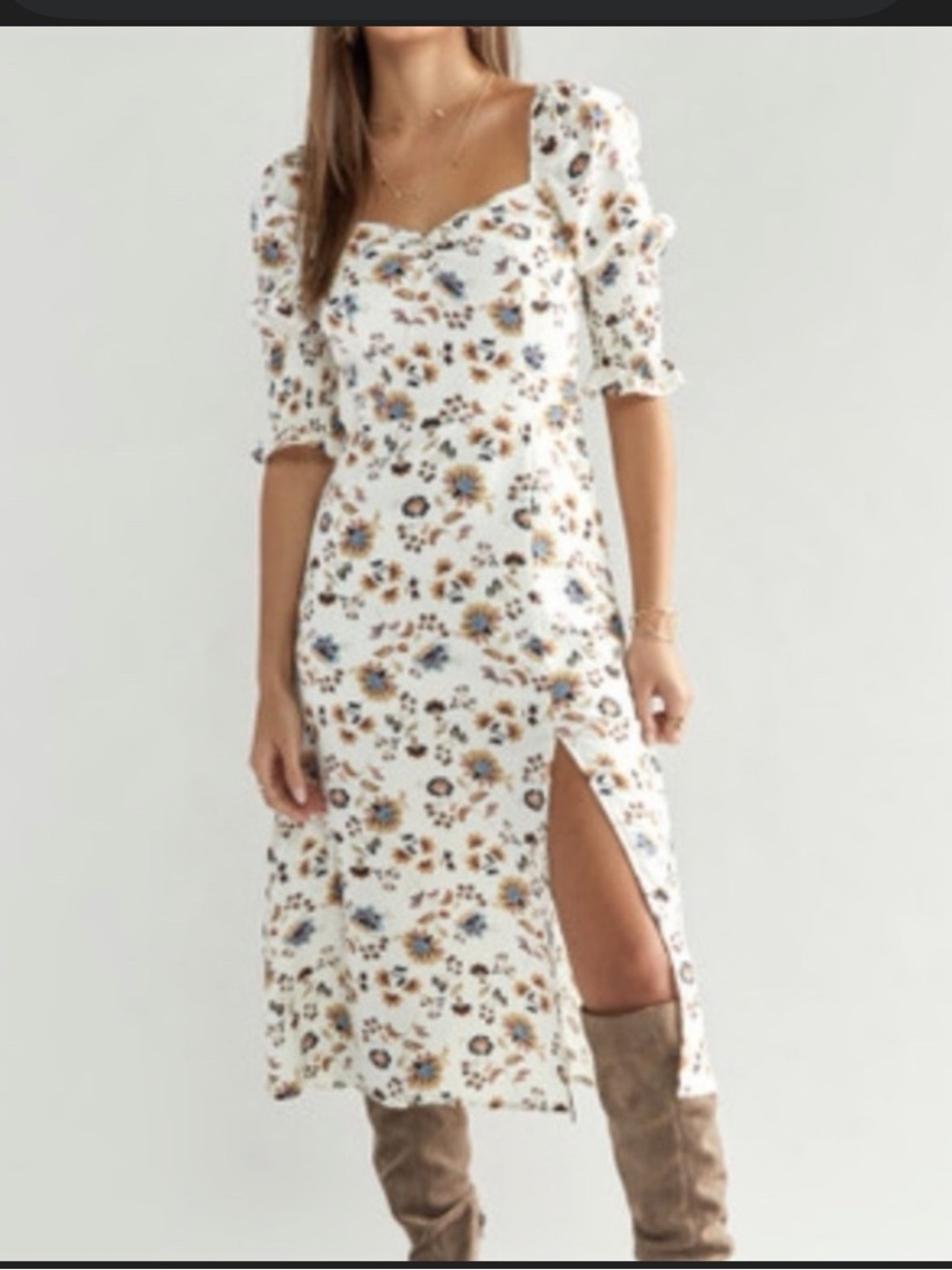 Audrey Park Cream Floral Midi Skirt with Side Slit